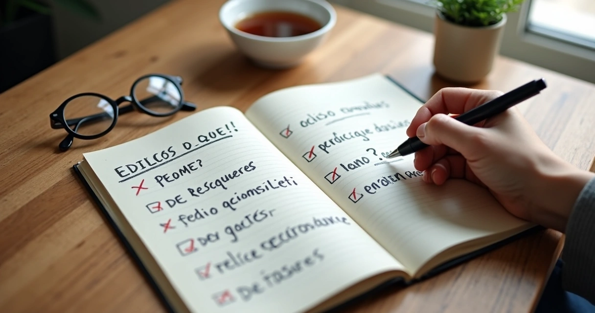 Cuaderno abierto con preguntas éticas y una mano escribiendo 