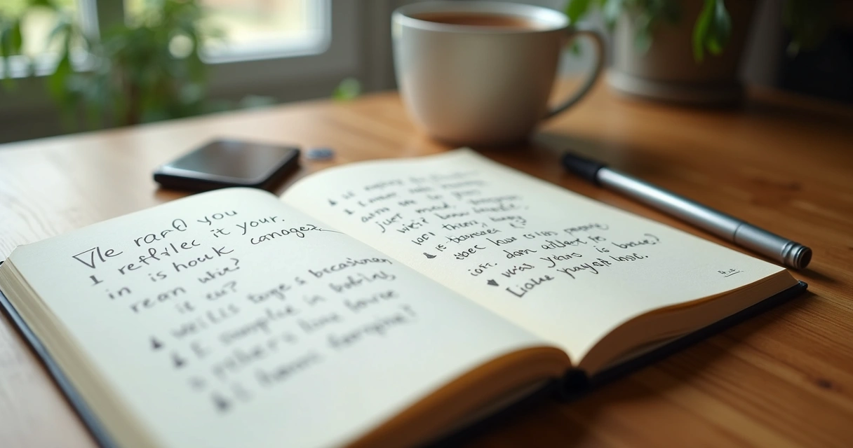 Cuaderno abierto con preguntas escritas y una taza sobre escritorio