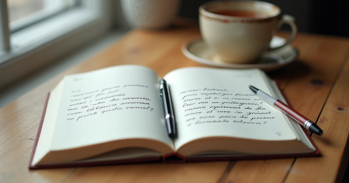 Cuaderno abierto con preguntas escritas y una taza al lado 
