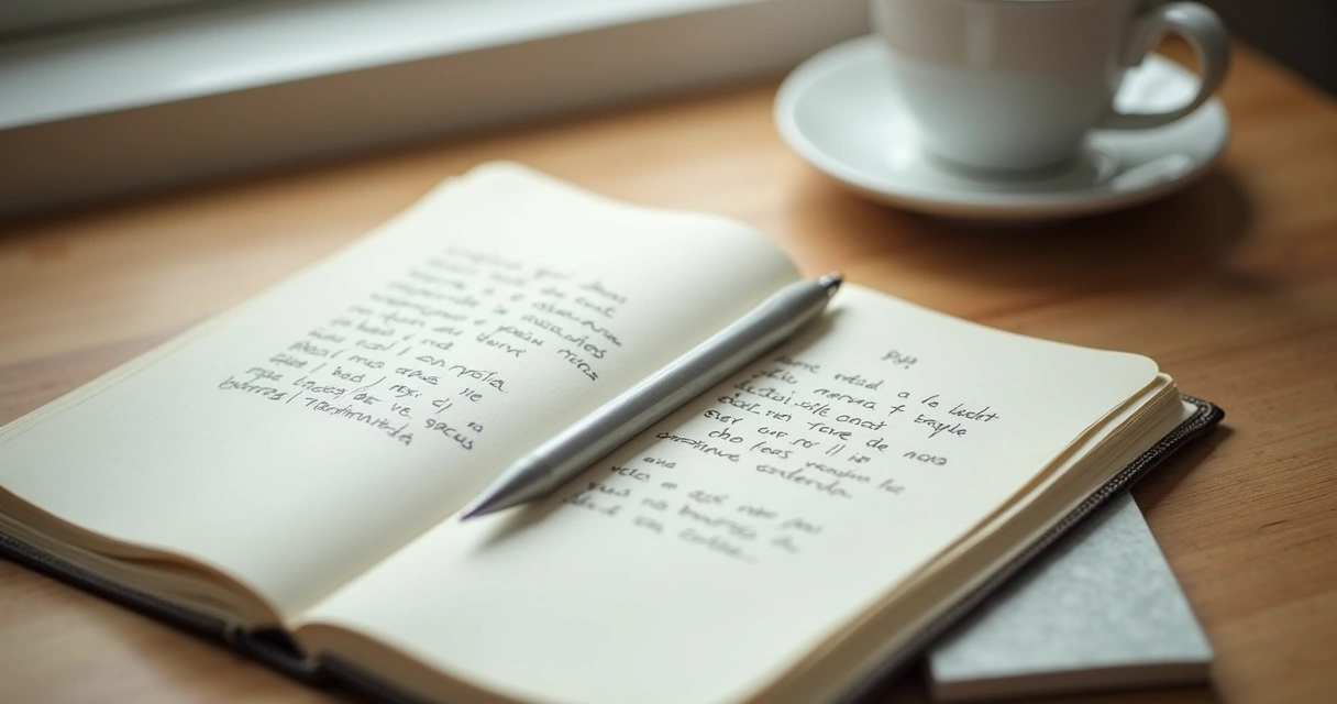 Cuaderno abierto con preguntas escritas y una taza de café