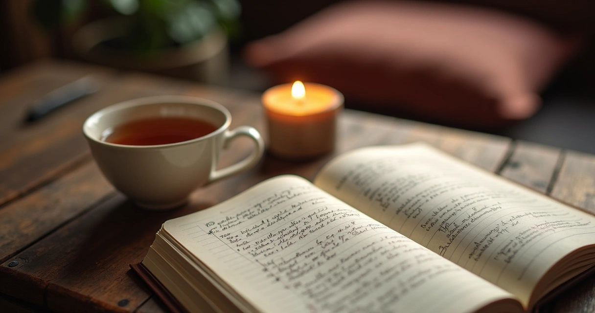 Cuaderno abierto junto a una taza y una vela en un espacio de reflexión 