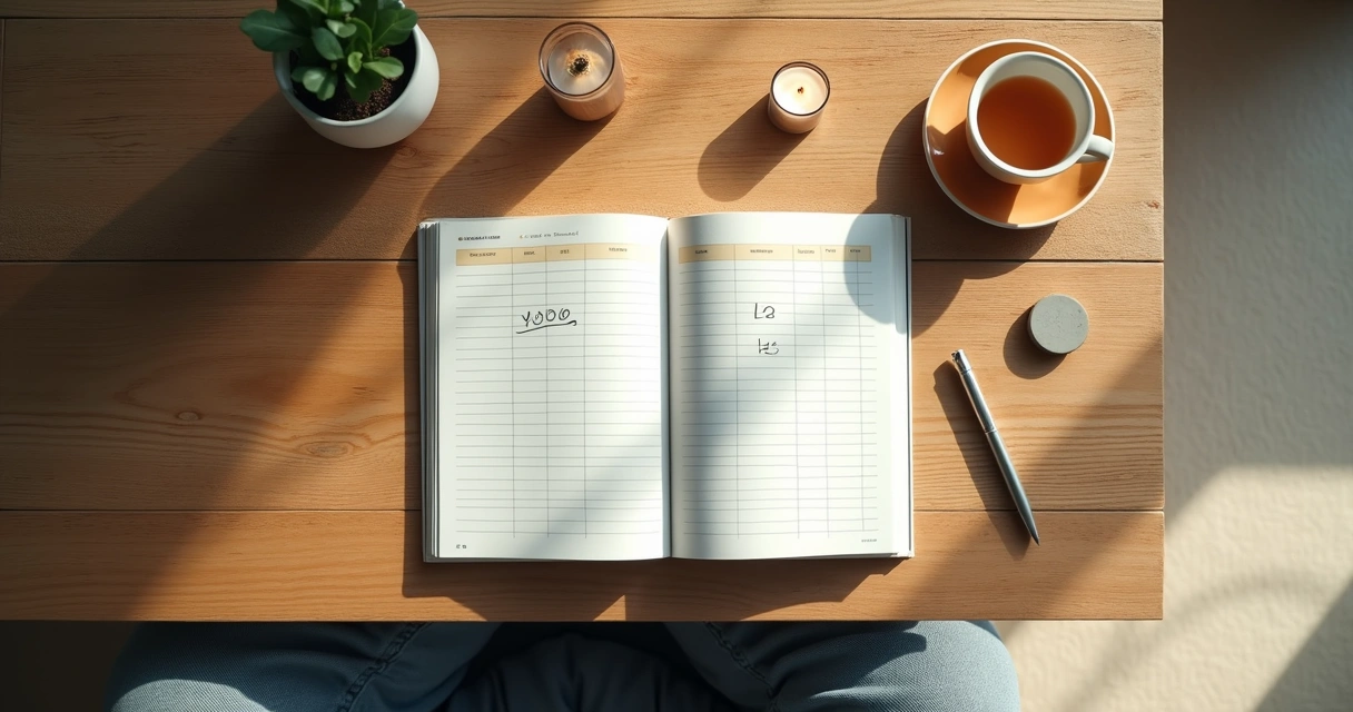 Cuaderno de presupuesto junto a una taza y un espacio de meditación 