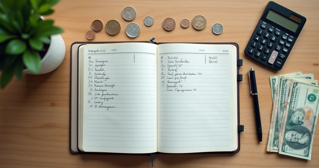 Cuaderno abierto con presupuesto escrito y monedas sobre una mesa