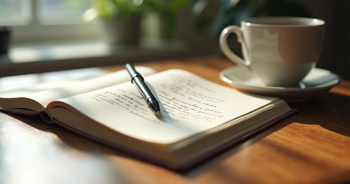 Cuaderno abierto con notas y una taza junto a una ventana 
