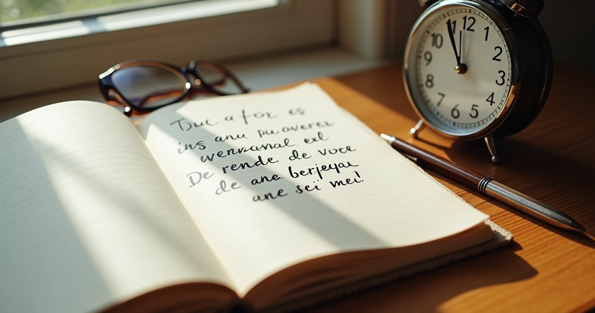 Cuaderno abierto con notas sobre propósito y reloj sobre una mesa 