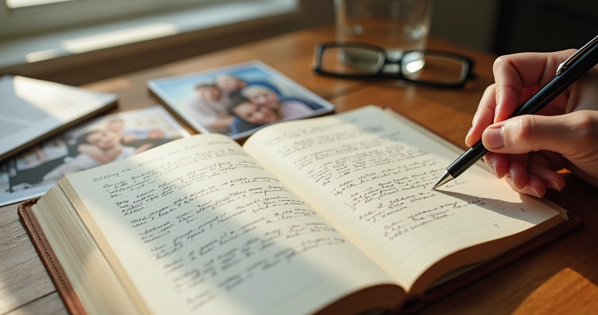 Cuaderno abierto con fotos y persona escribiendo recuerdos 