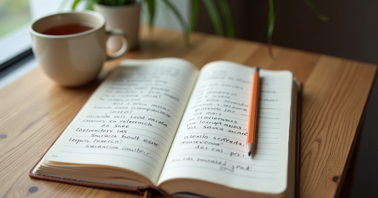 Cuaderno abierto con preguntas de reflexión y una taza sobre una mesa 