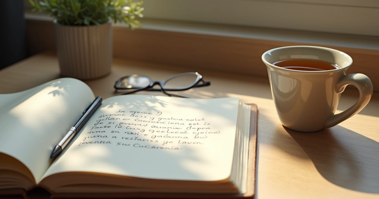 Cuaderno abierto con notas de reflexión personal y una taza sobre escritorio 