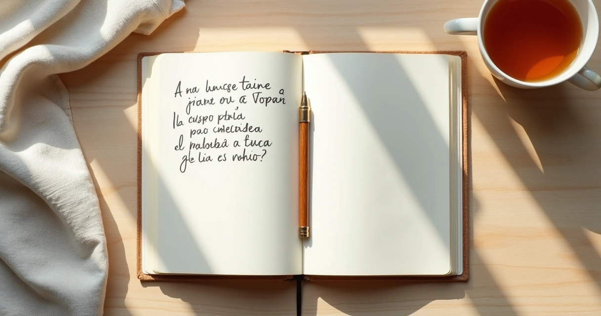 Cuaderno abierto con preguntas de reflexión y una taza sobre mesa clara