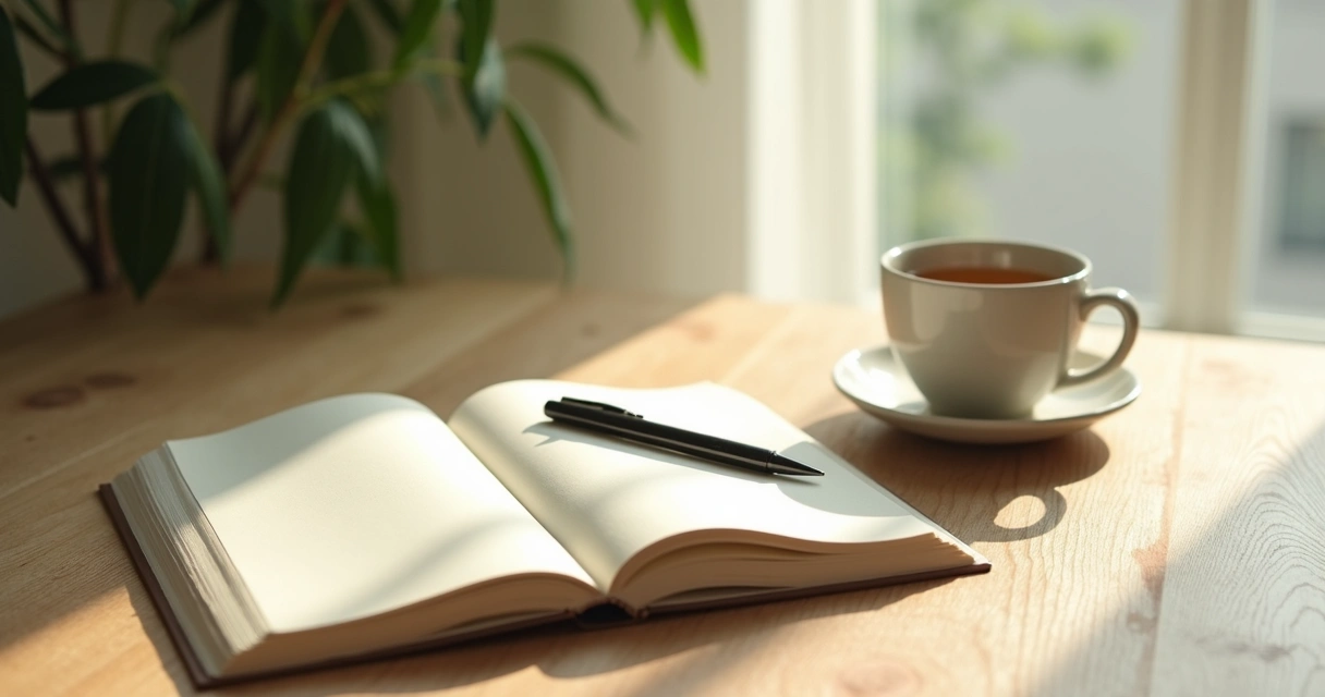 Cuaderno abierto con bolígrafo y taza en un espacio tranquilo 