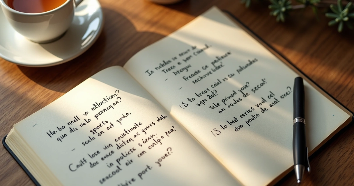 Cuaderno abierto con preguntas de reflexión y una taza sobre escritorio de madera