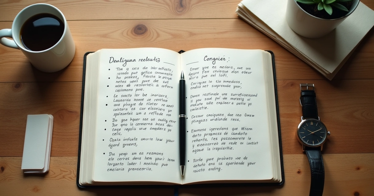 Cuaderno abierto con notas de reflexión y una taza sobre el escritorio