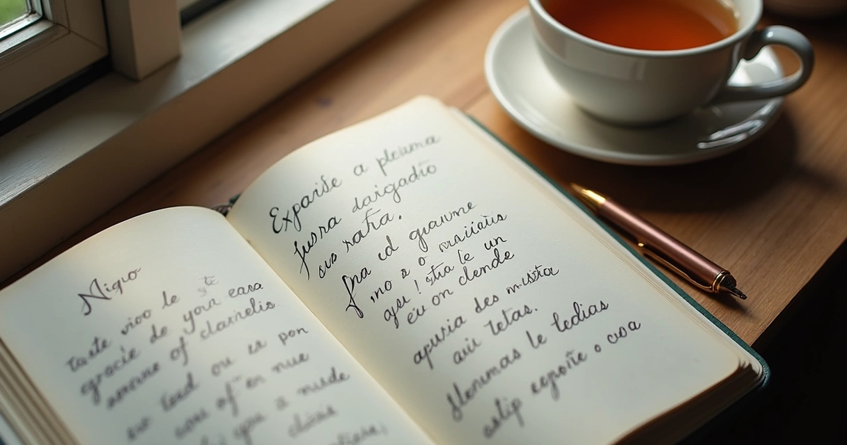 Cuaderno abierto con notas y taza junto a una ventana 