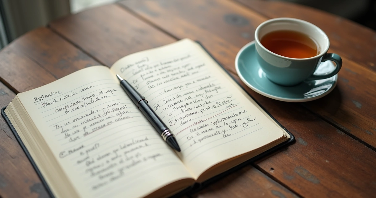 Cuaderno abierto con notas de reflexión y una taza sobre una mesa