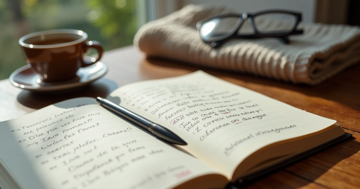 Cuaderno abierto con preguntas de reflexión y una taza sobre una mesa de madera