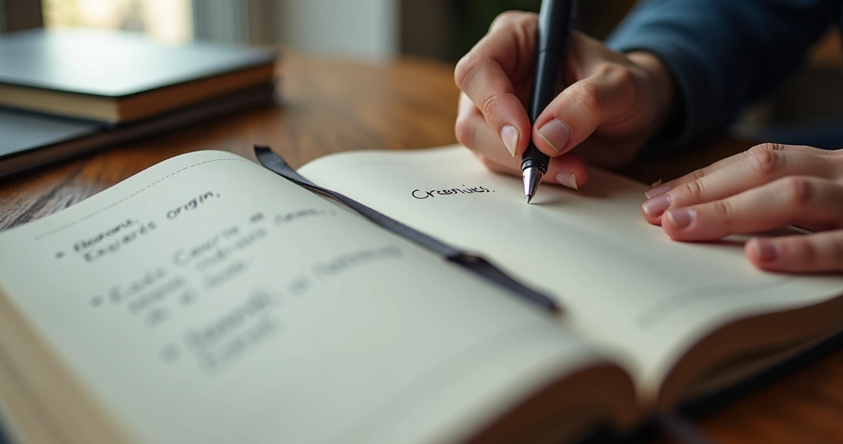 Cuaderno abierto y bolígrafo sobre madera, persona escribiendo sobre creencias 