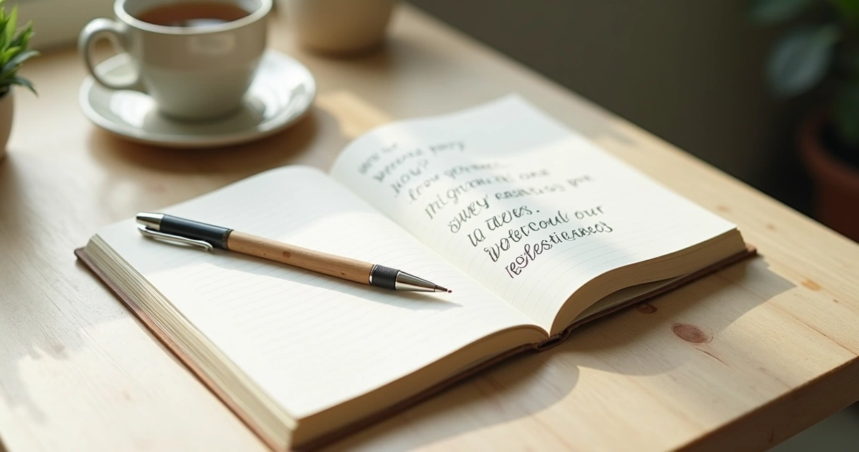 Cuaderno abierto con notas de reflexión y taza sobre mesa clara