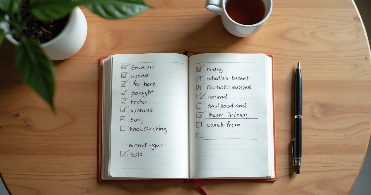 Cuaderno con notas de crianza y taza sobre mesa