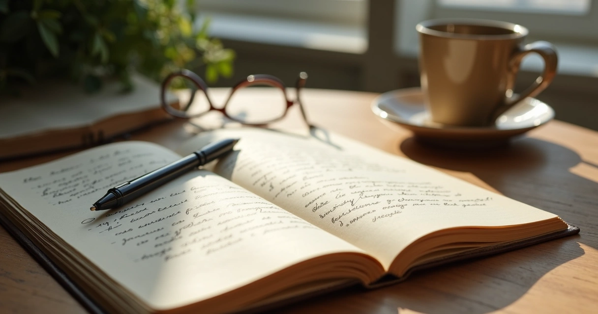 Cuaderno abierto con notas de reflexión y taza sobre una mesa de madera 
