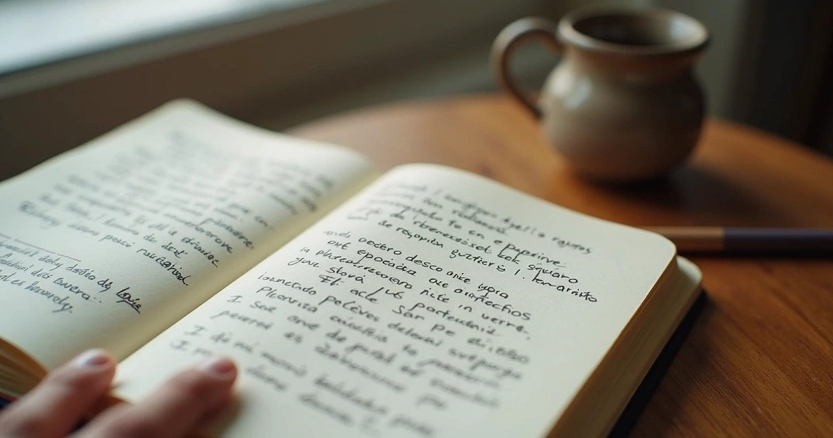 Cuaderno abierto con notas de reflexión y una taza sobre mesa de madera