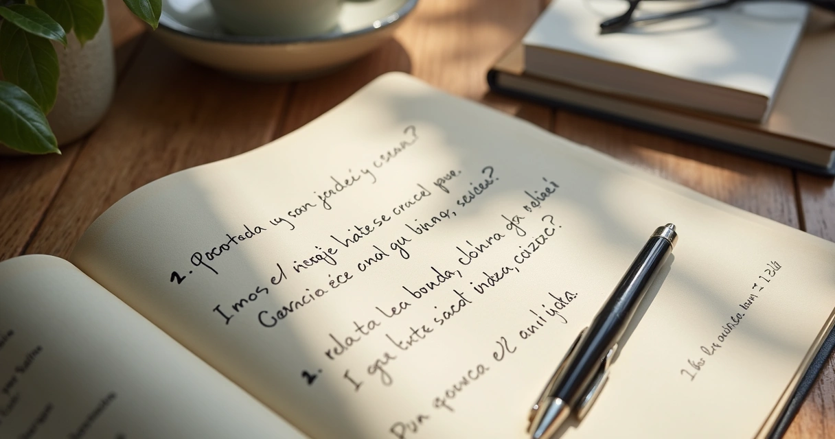 Cuaderno abierto con preguntas de reflexión y una taza sobre una mesa