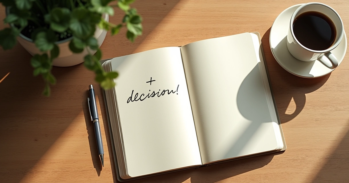 Cuaderno abierto con lista de decisiones y taza de café