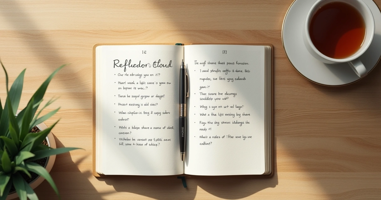 Cuaderno abierto con notas de reflexión y una taza de té 
