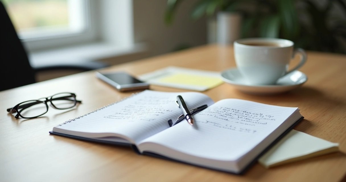 Cuaderno abierto con notas de reflexión y una taza sobre el escritorio