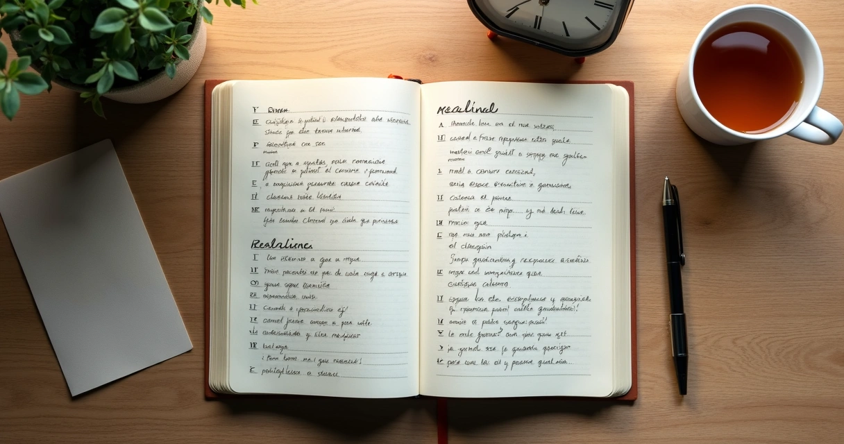 Cuaderno abierto con notas de reflexión y una taza sobre una mesa 