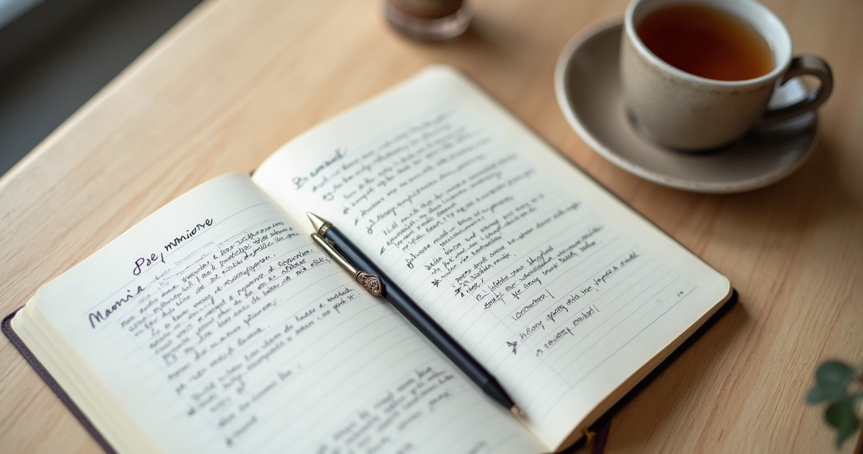 Cuaderno abierto con notas emocionales y una taza de té sobre una mesa clara