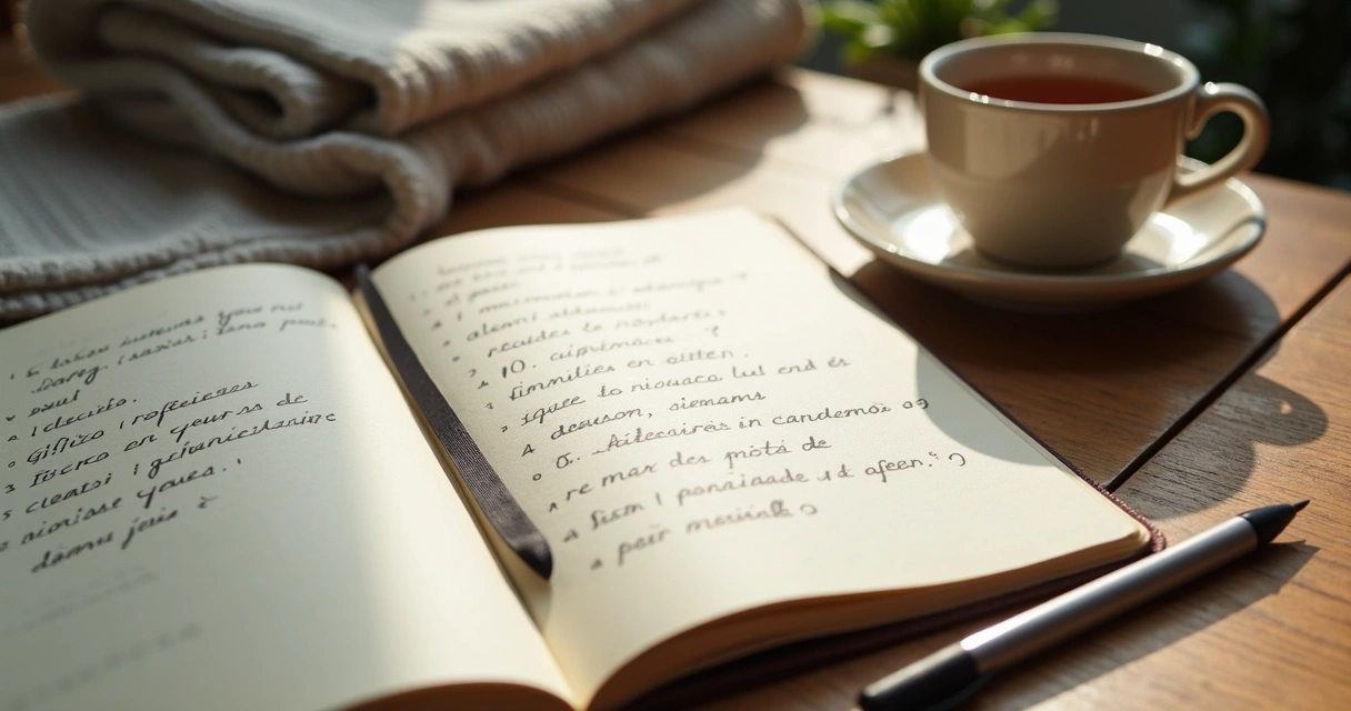 Cuaderno abierto con preguntas de reflexión y una taza sobre mesa de madera
