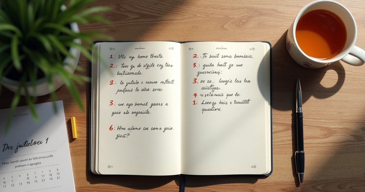 Cuaderno abierto con preguntas emocionales y taza de té 