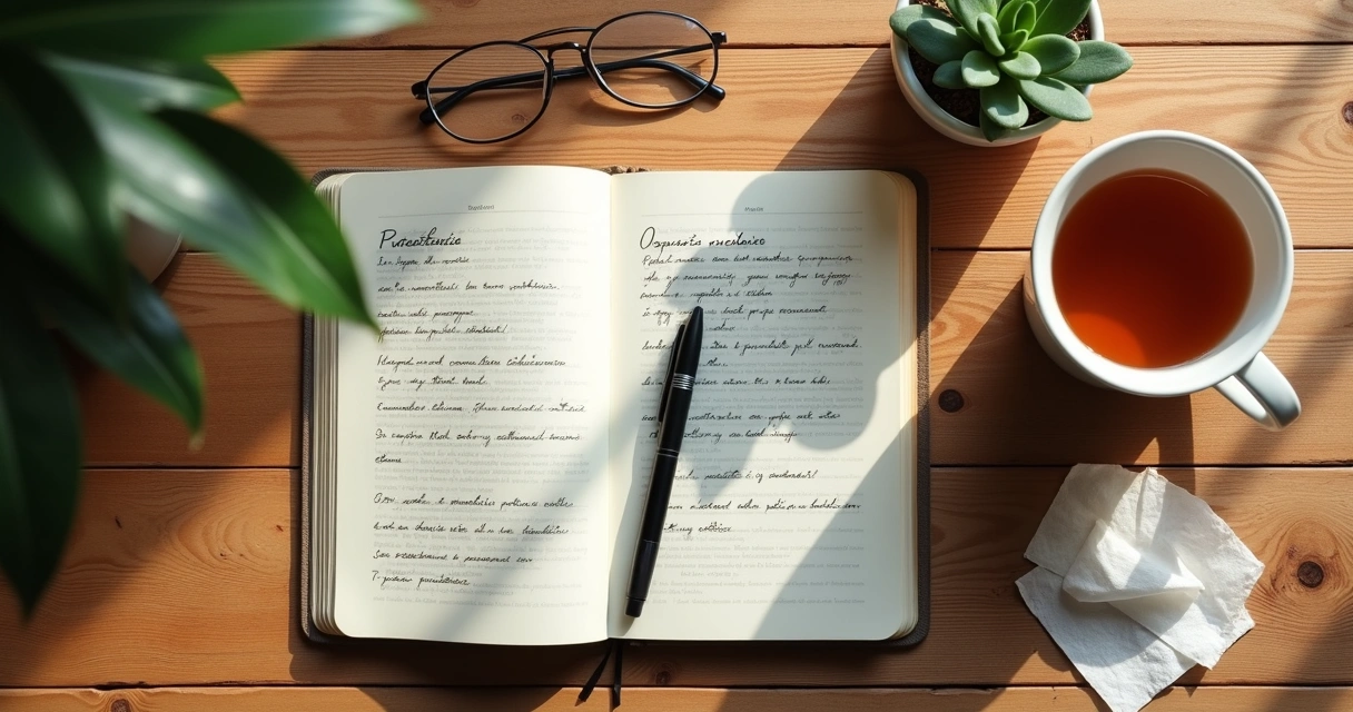 Cuaderno abierto con notas emocionales y taza de té en una mesa 
