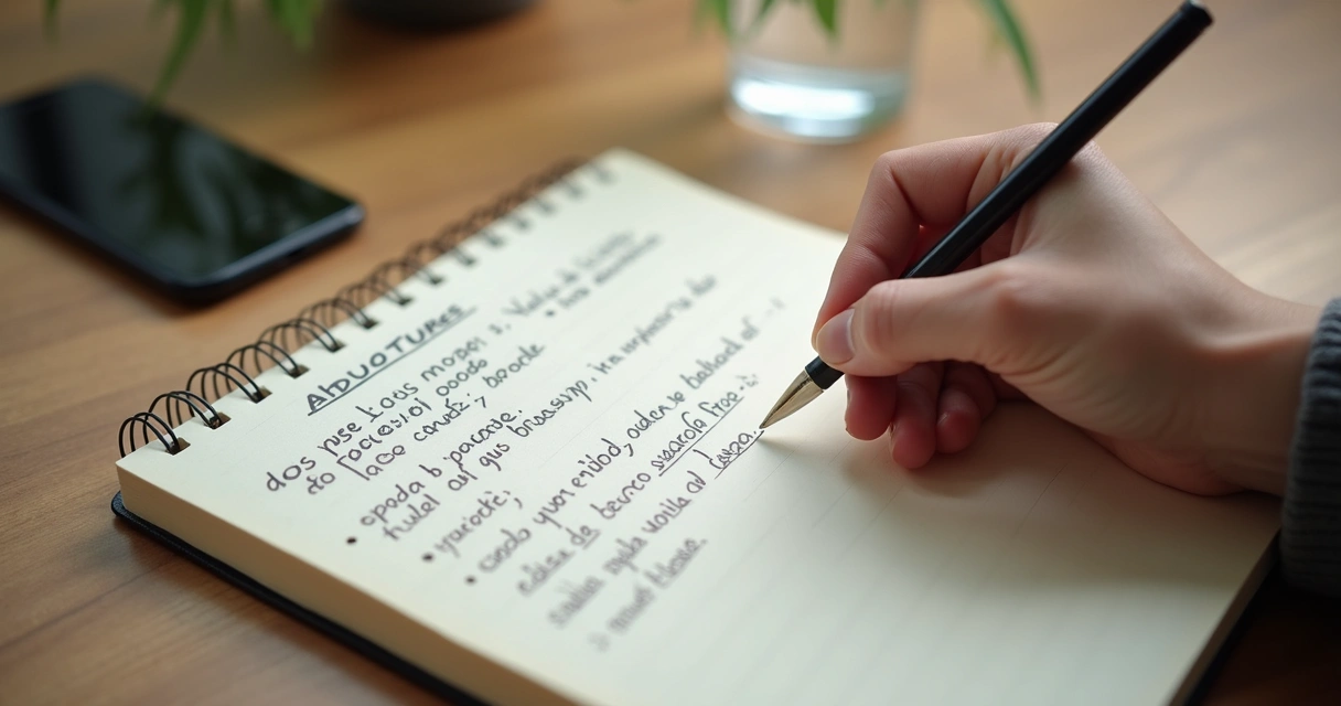 Cuaderno abierto con notas emocionales y una mano escribiendo