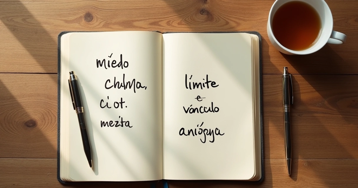Cuaderno abierto con notas emocionales y una taza sobre la mesa 