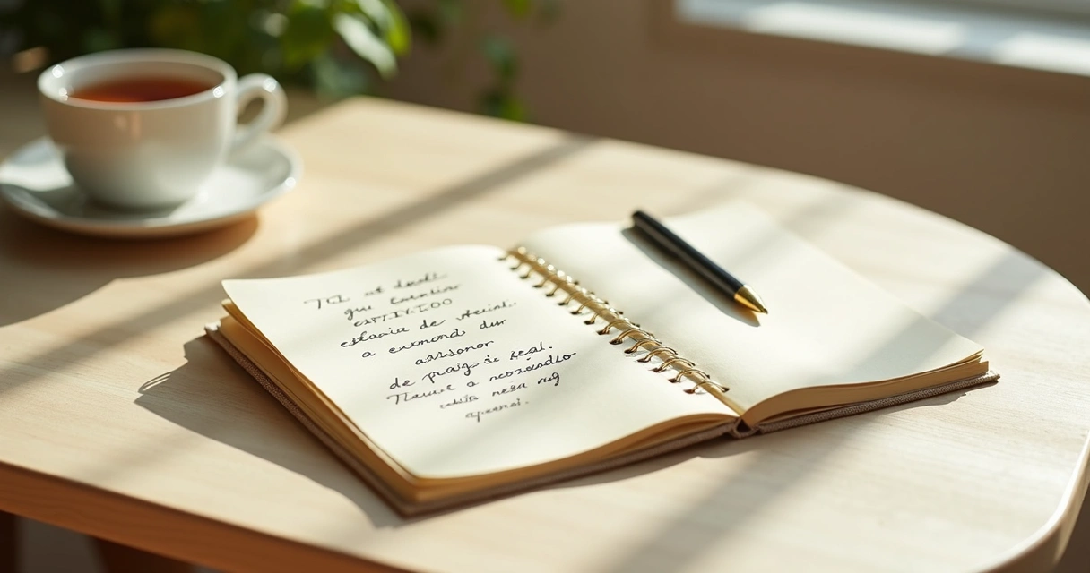 Cuaderno abierto con notas emocionales y una taza sobre mesa clara