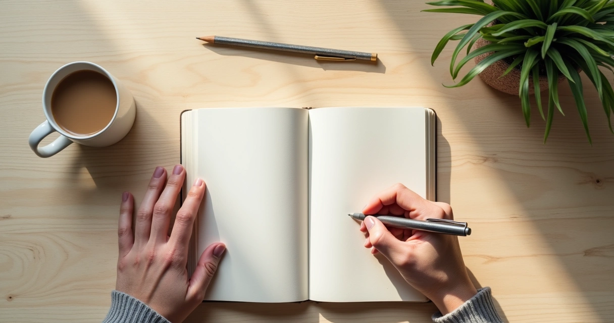 Cuaderno abierto junto a una taza y una mano escribiendo
