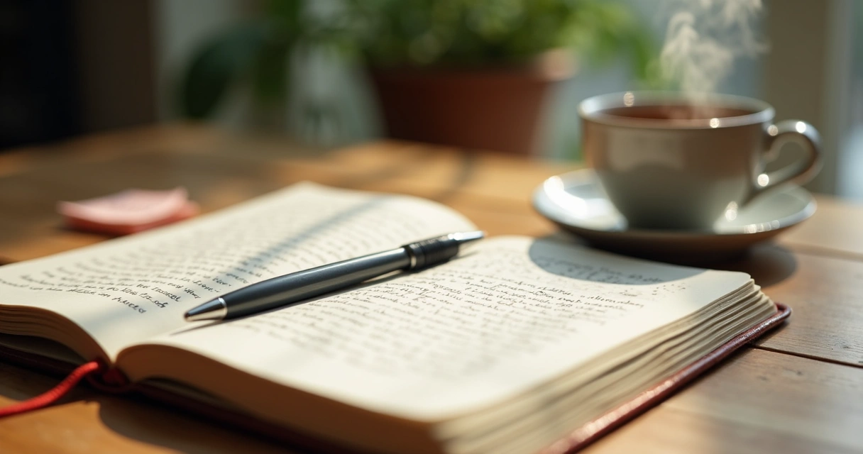 Cuaderno abierto con notas emocionales y una taza sobre una mesa 