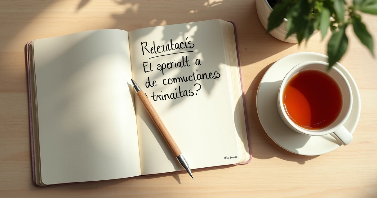 Cuaderno abierto con notas y taza sobre mesa tranquila
