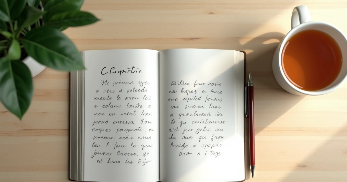 Cuaderno abierto con notas emocionales y taza sobre escritorio claro