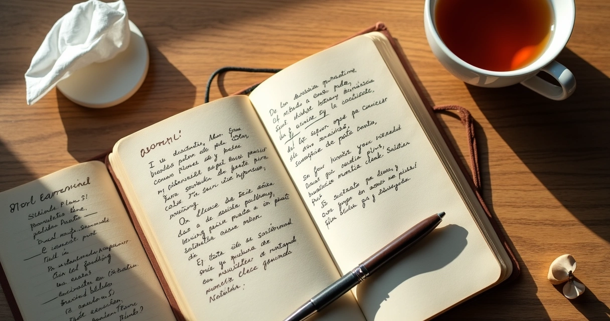 Cuaderno abierto con notas emocionales y taza sobre mesa