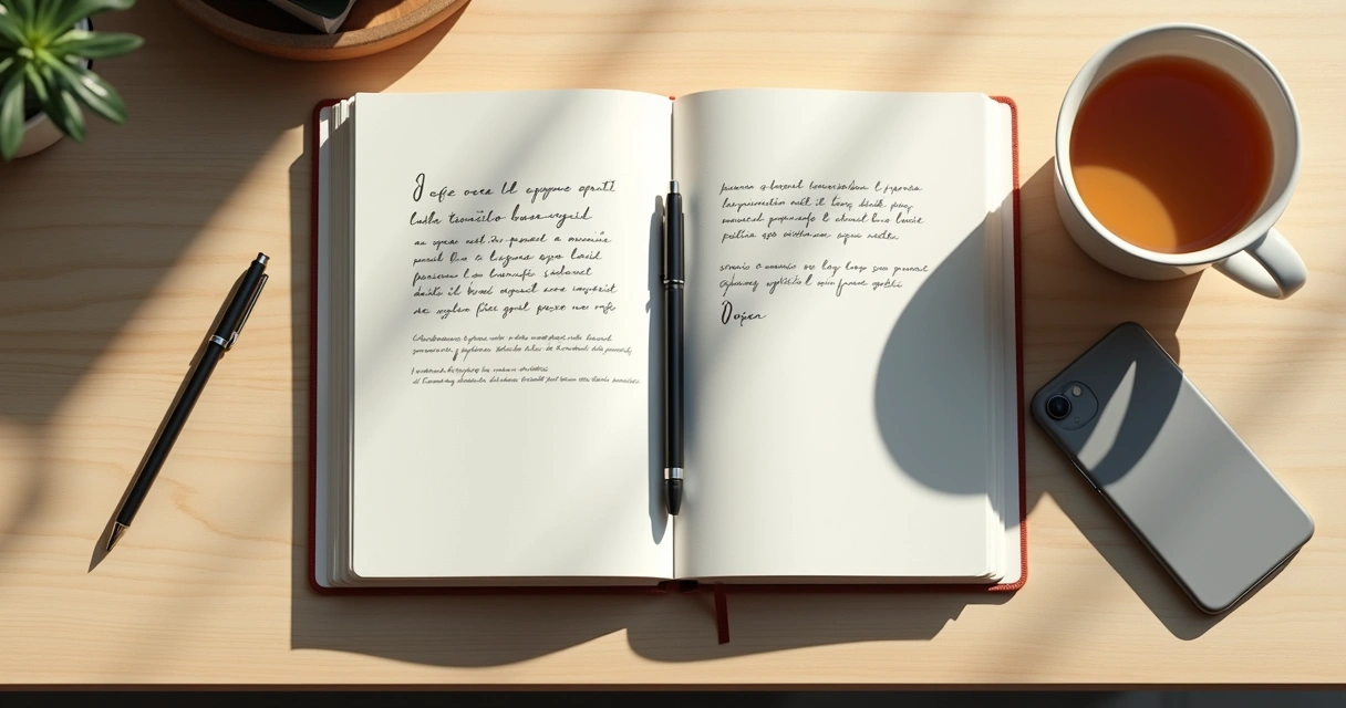 Cuaderno abierto con notas emocionales y una taza sobre una mesa clara
