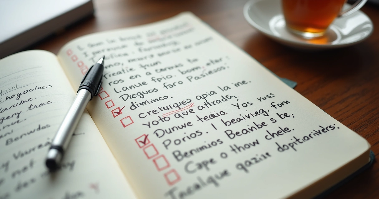 Cuaderno abierto con notas de reflexión y taza sobre escritorio