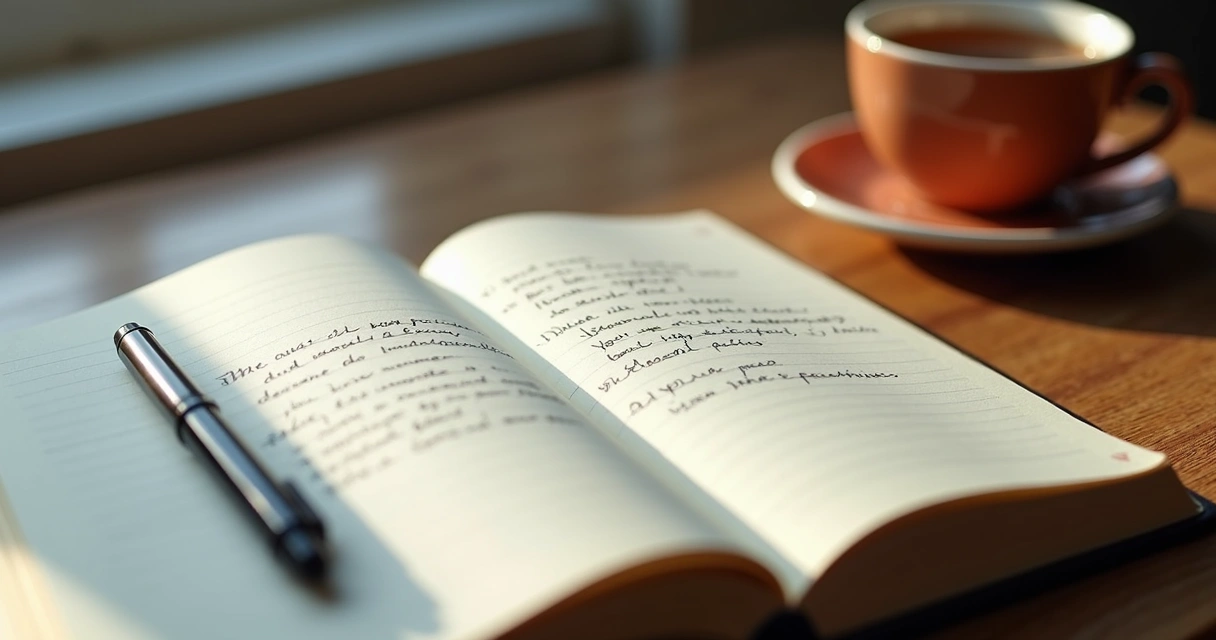 Cuaderno abierto con notas de reflexión y una taza sobre escritorio de madera