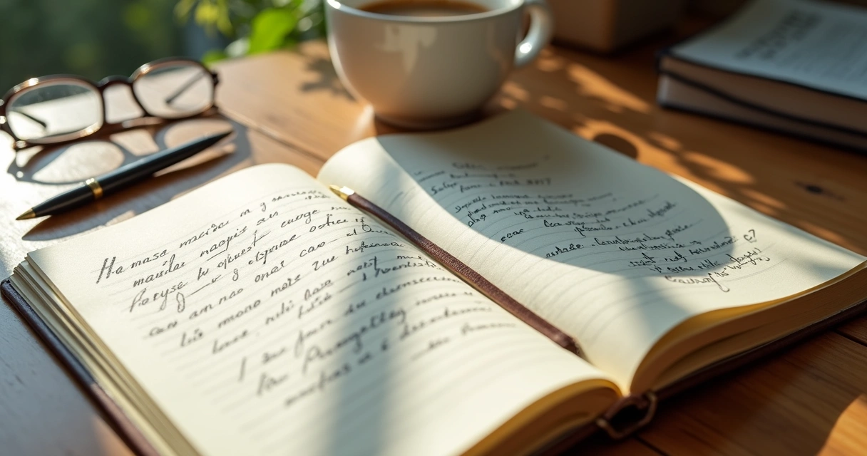 Cuaderno abierto con notas de reflexión y una taza sobre escritorio de madera 