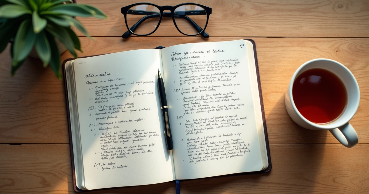 Cuaderno abierto con notas de reflexión y una taza sobre un escritorio