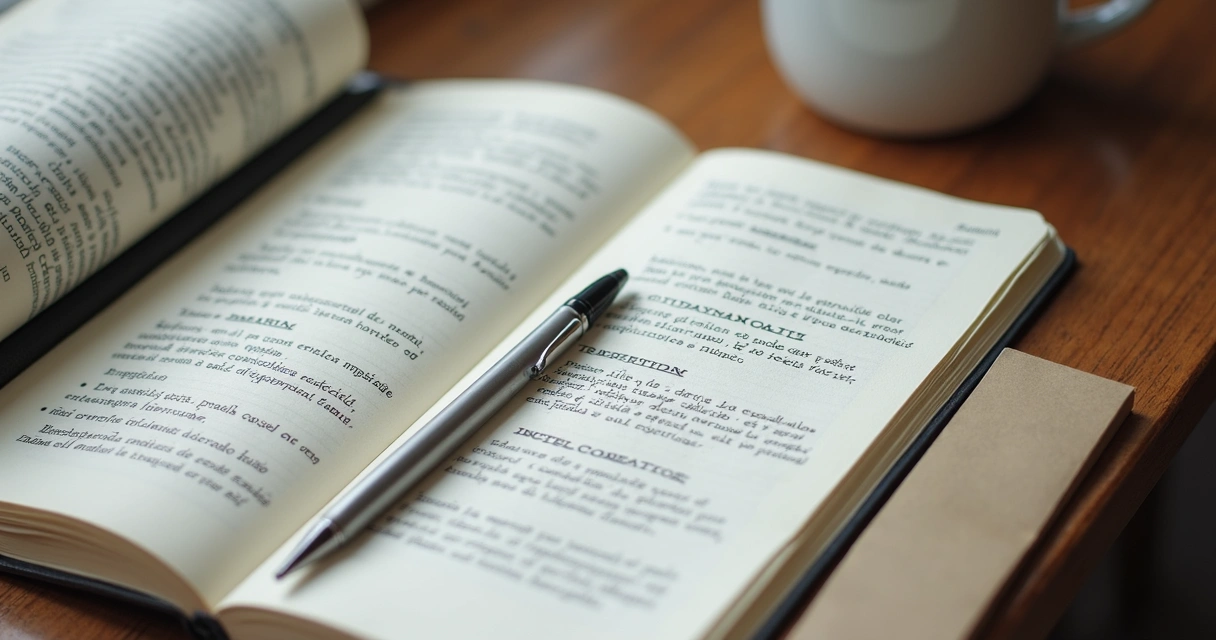 Cuaderno abierto con notas de reflexión y una taza de café en escritorio 