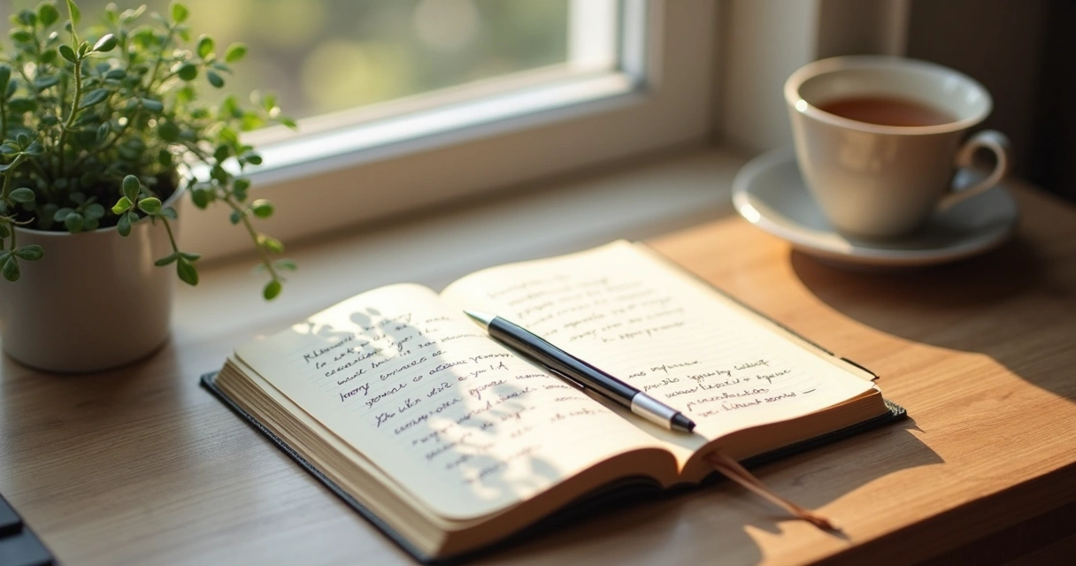 Cuaderno abierto con notas de reflexión en un escritorio tranquilo 