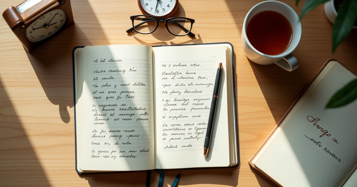 Cuaderno abierto con notas y taza sobre escritorio 