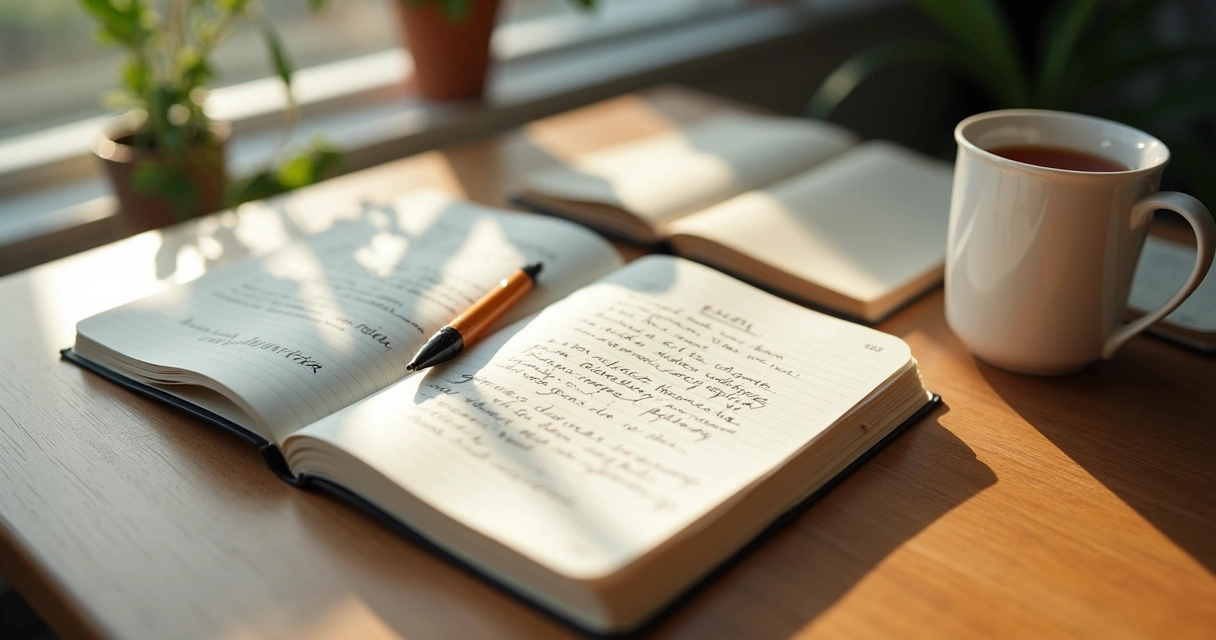 Cuaderno abierto con notas de reflexión en un escritorio ordenado